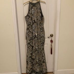 Badgley Mischka Grey Velvet Sequined Evening Gown, Size 14